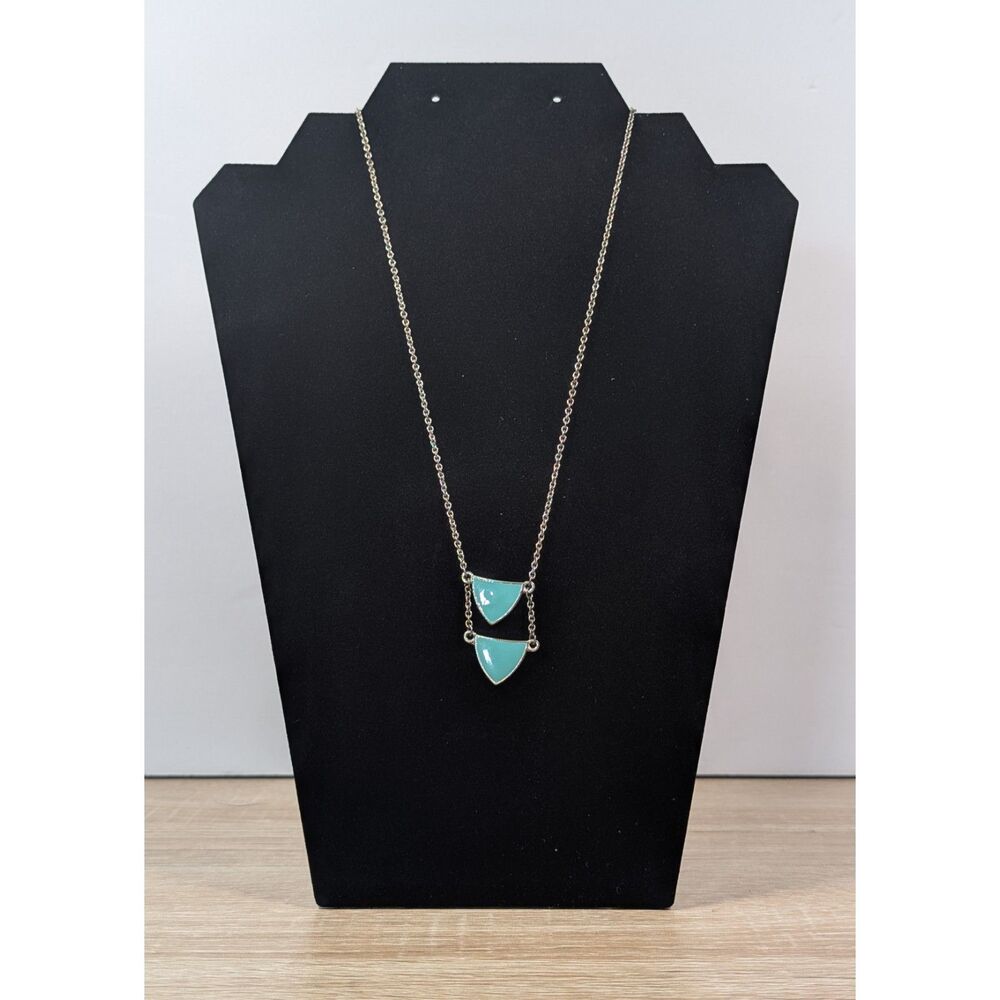 Turquoise Triangle Pendant Necklace Silver Tone Chain 22 Inch Boho Style
